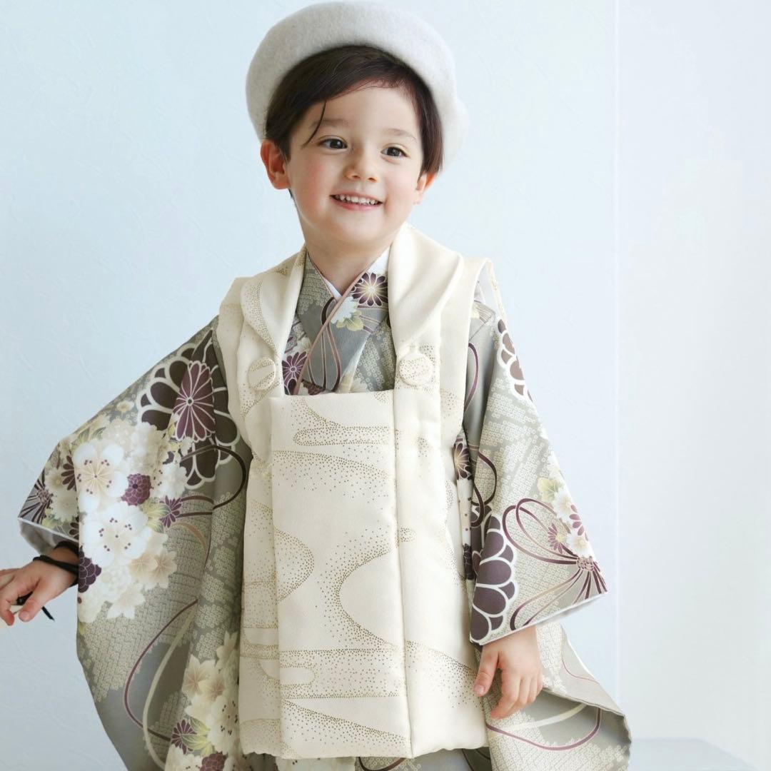 七五三3歳用被布コートセット 男の子 ひよこ商店 クリーム金彩×翡翠の