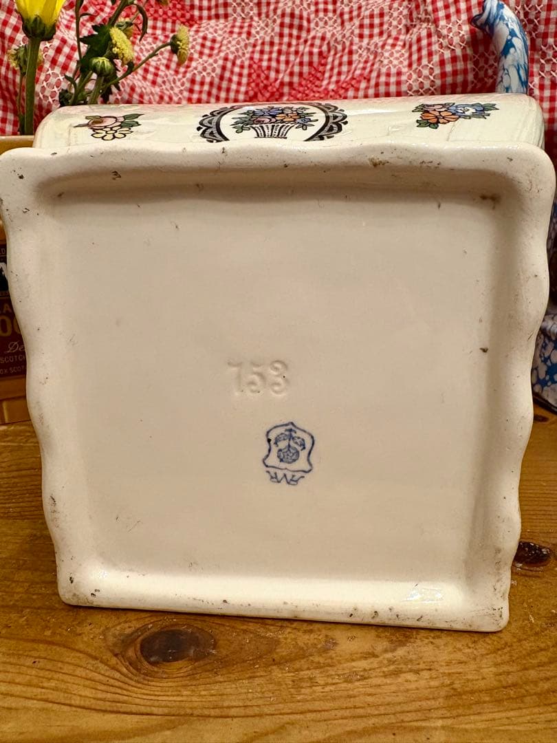 ◇希少美品◇フランスFARINE木製蓋付き花柄♡ラタン編込模様陶器