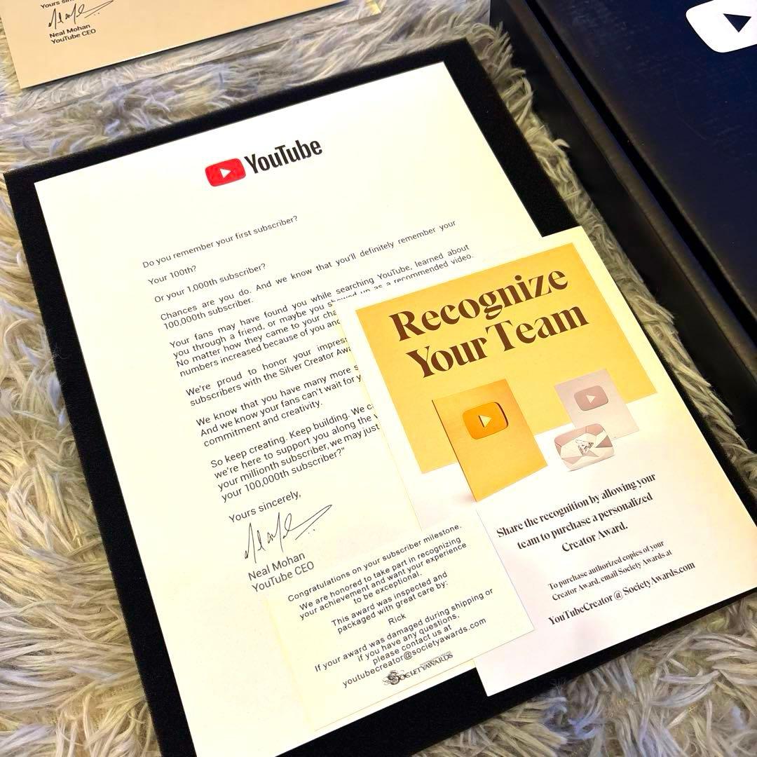 YouTube】銀の盾+銀の賞状 登録者数10万人 金の盾 銀盾 - メルカリ