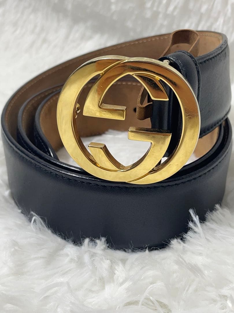 GUCCI ダブルG レザーベルト ブラック ゴールド金具　全長97㎝ GUCCI（グッチ） ダブルG ゴールドバックル リバーシブル ベルト