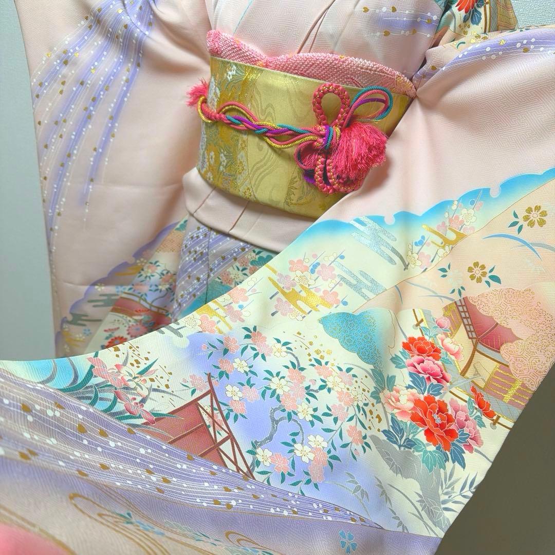 12 振袖フルセット 正絹 薄桃 ピンク 水色 金彩 暈し染め 華やか 小柄