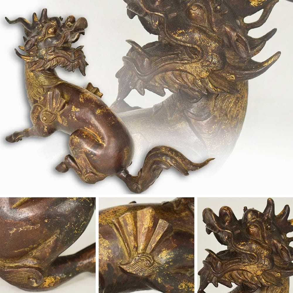 【銅】　★ 文房 銅鍍金坐姿獬豸造像 ★　清朝期　伝説神獣 細密鋳造　雅玩雑項 銅】☆ 文房 銅鍍金坐姿獬豸造像 ☆清朝期伝説神獣 細密鋳造雅玩雑項