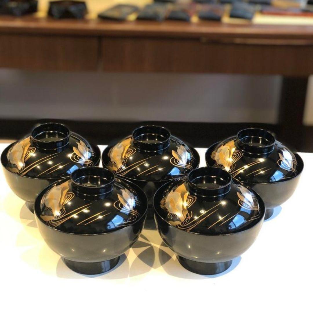 【訳あり】木製漆塗　水芭蕉磨き蒔絵吸い物椀　黒　５客組 吸い物椀 お椀 木製 黒漆塗 椿 吸い物 椀 漆塗 磨蒔絵 本漆塗 食器