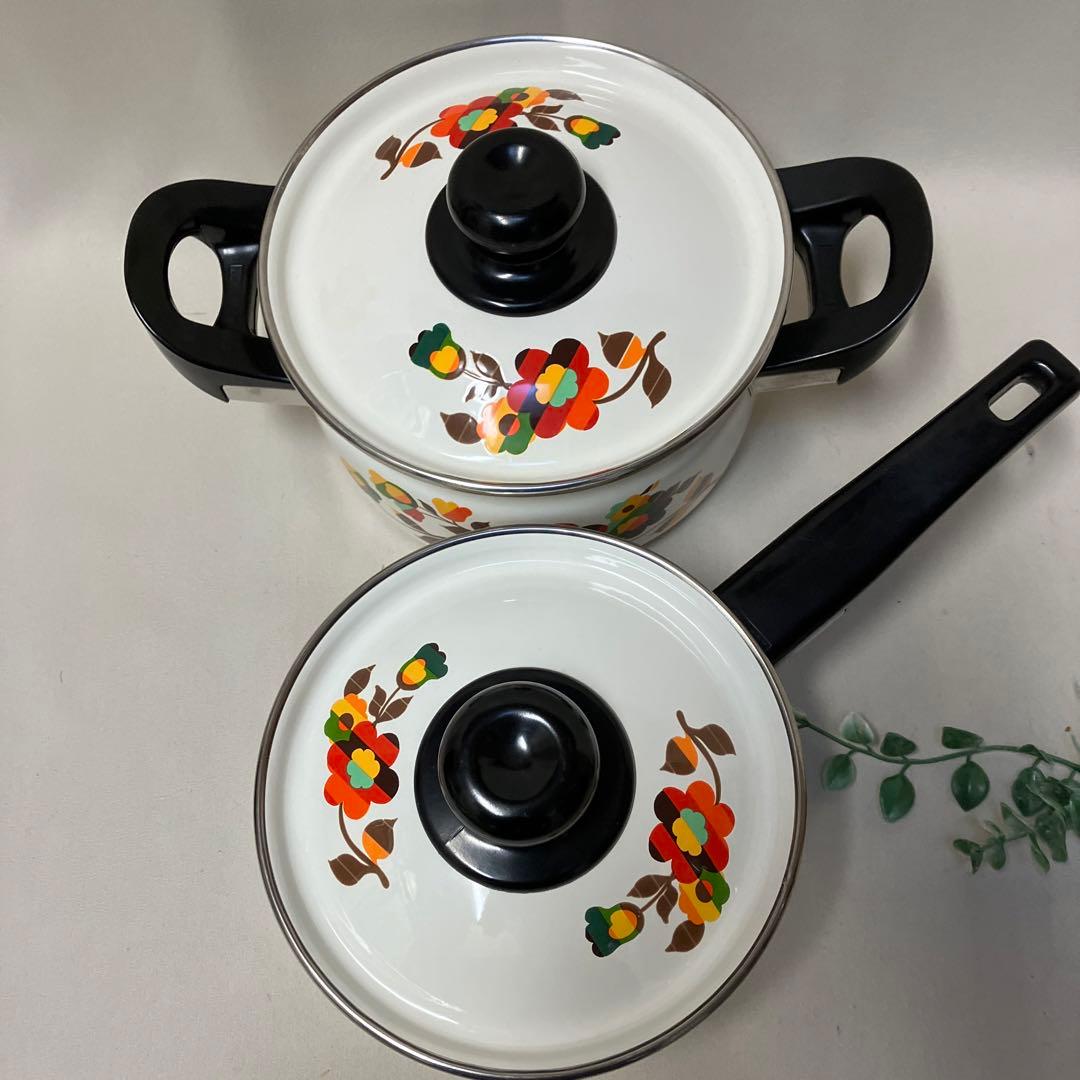 新品 象印 ホーロー鍋 両手鍋 片手鍋セット 昭和レトロ 花柄 IH パピー