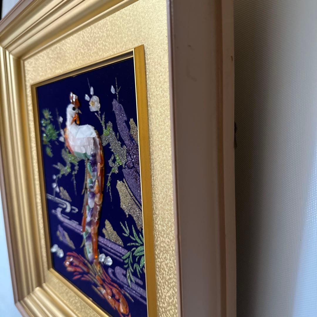 貴石画 天然石絵画 宝石画 鳥 鶏 縁起物 インテリア 風水 ア-ト 美術品