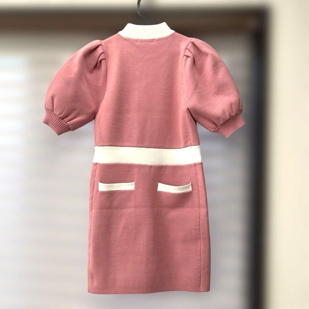 ドゥアヴニール 半袖パフスリーブバイカラーニットワンピース