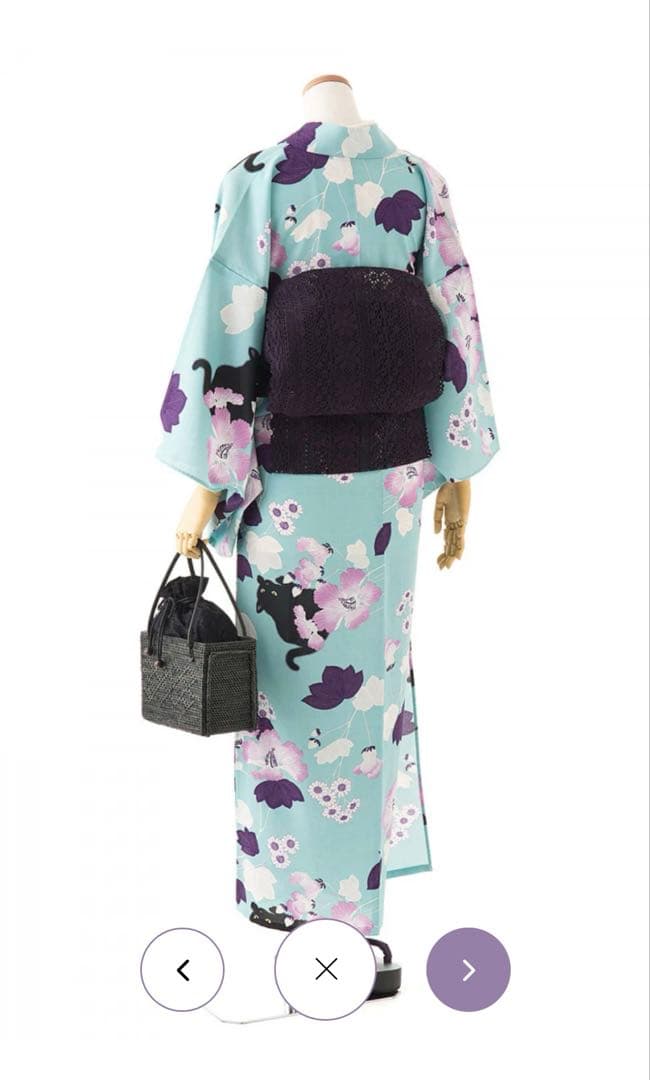 【最終値下げ】撫松庵　レディスゆかた/芙蓉と猫　ウスグリーン