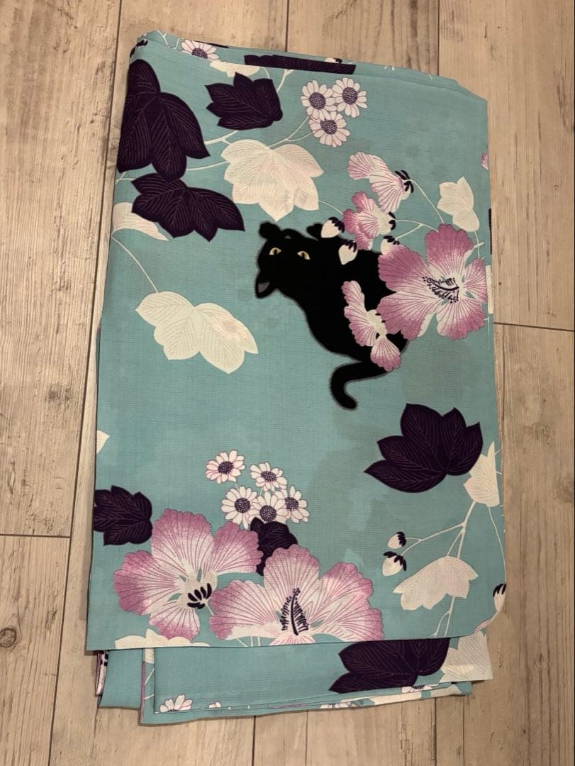 【最終値下げ】撫松庵　レディスゆかた/芙蓉と猫　ウスグリーン