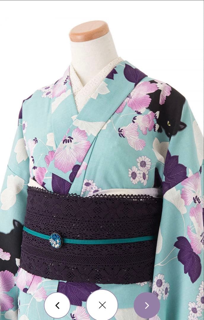 【最終値下げ】撫松庵　レディスゆかた/芙蓉と猫　ウスグリーン