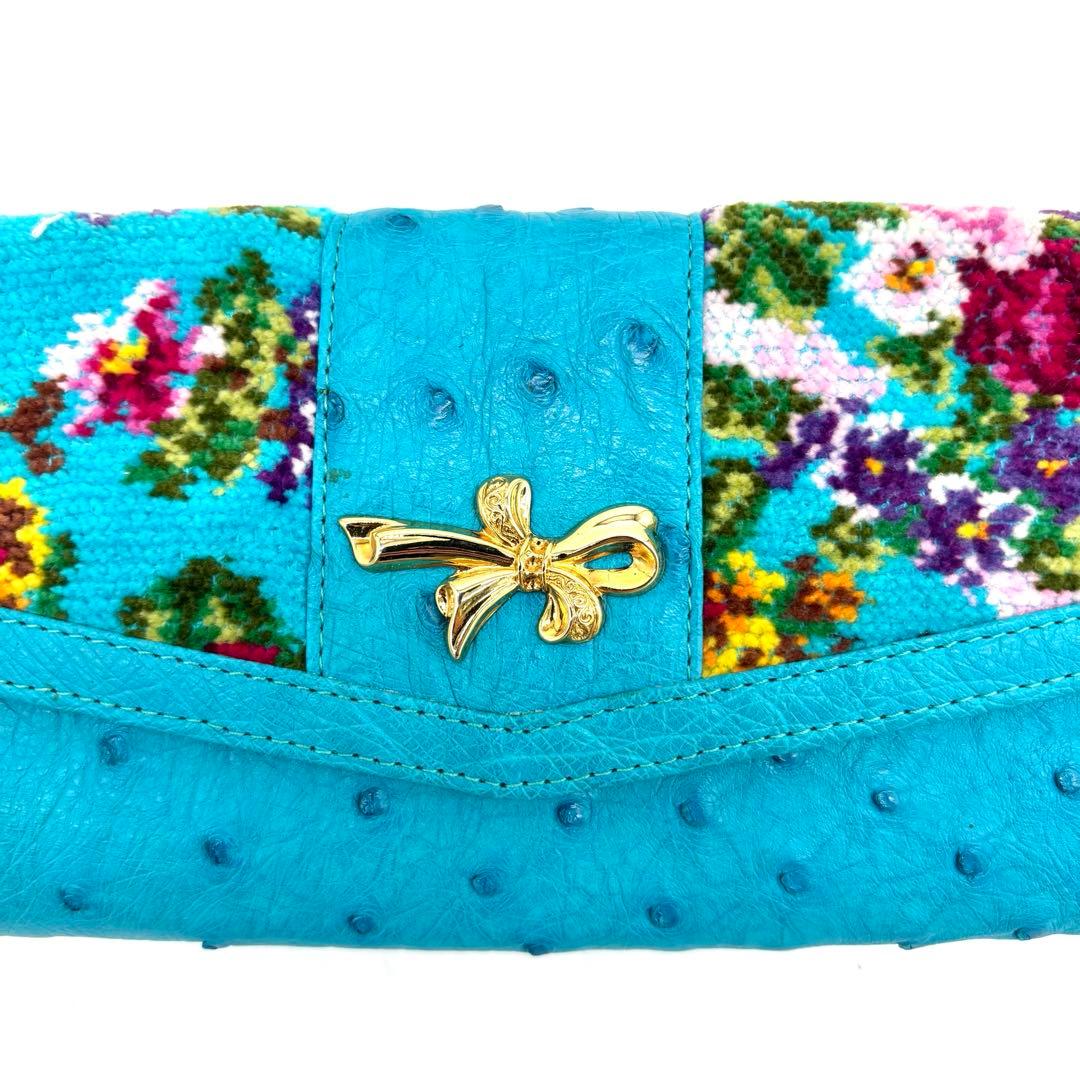 CARA CARA オーストリッチ 本革 長財布 ターコイズ 総柄 フラワー