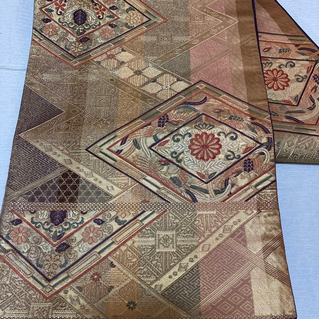 正絹 西陣織袋帯 六通 金銀刺繍花 華文 - メルカリ