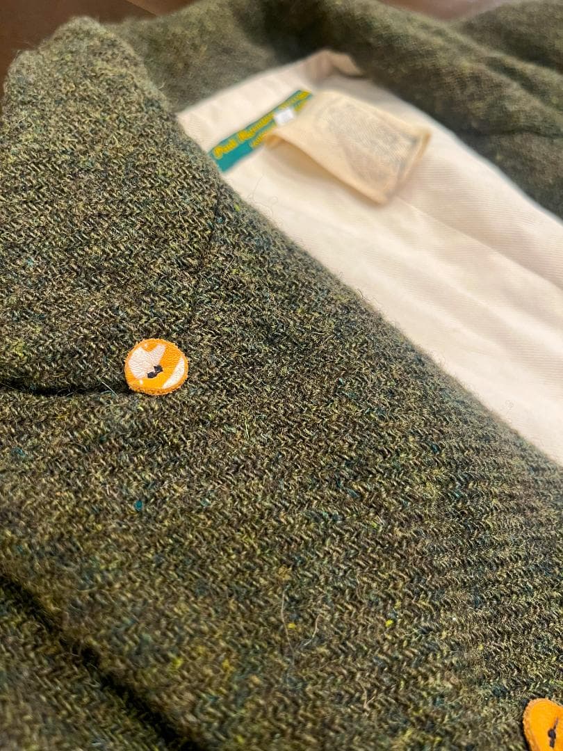 ポールハーデン☆初期ロングコートS☆ツイードモスグリーン オリーブ