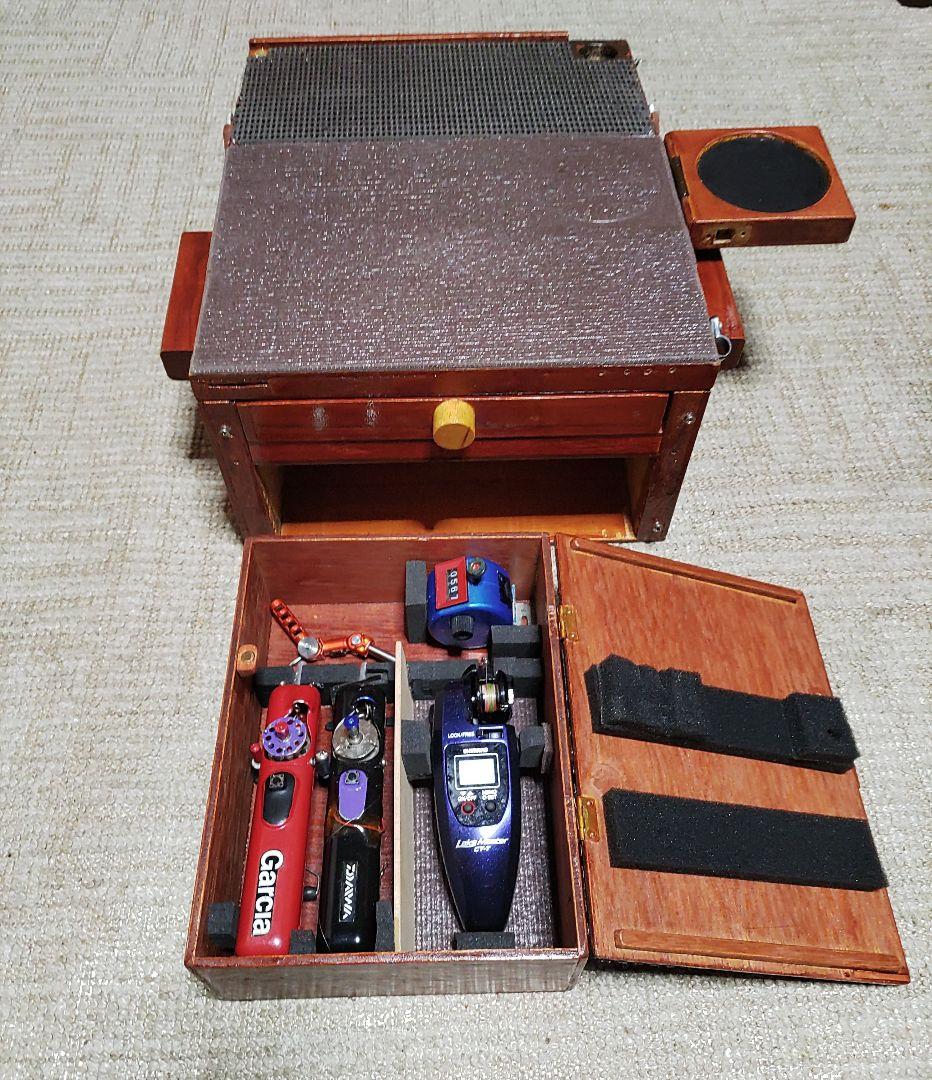 ワカサギ釣り 自作木製収納箱 穂先 レイクマスター電動リール フル