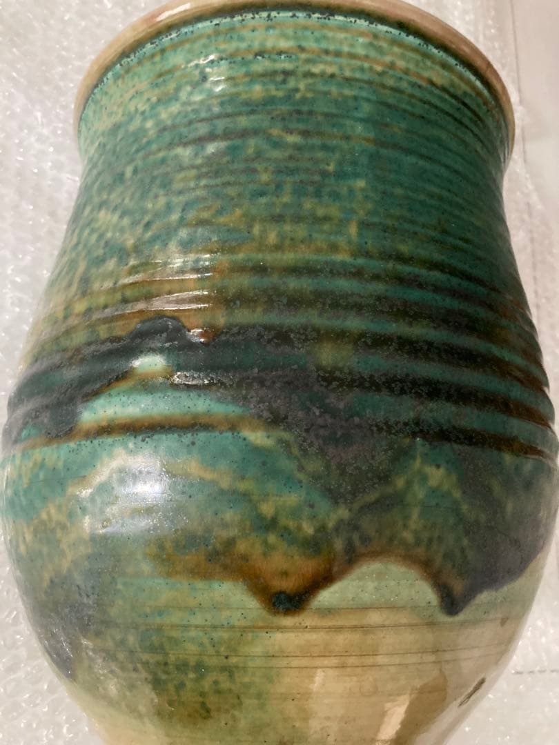 吉峰窯 志賀忠吉（吉峰）作 緑釉花生 大きいサイズ 花差し花瓶壺窯