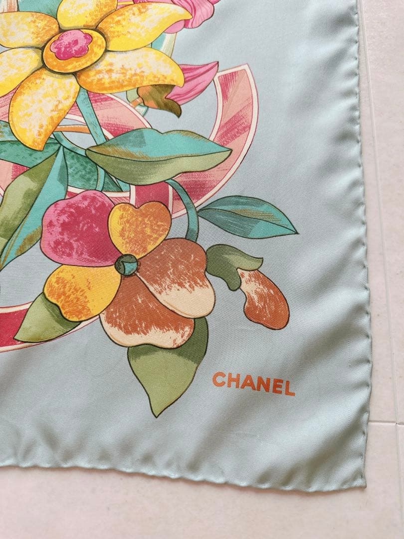 シャネル CHANEL 花柄 大判ストール シルク100% 水色 ヴィンテージの