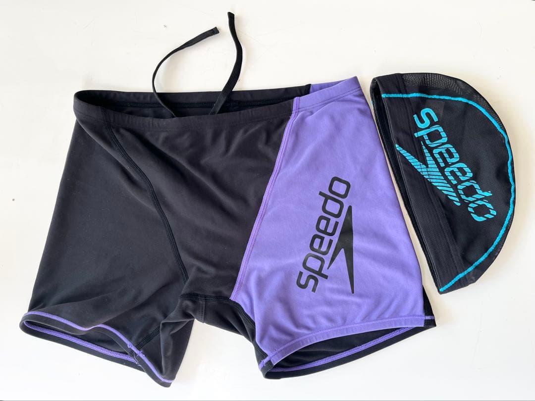 Speedo 競泳水着・キャップセット 黒・紫 - メルカリ