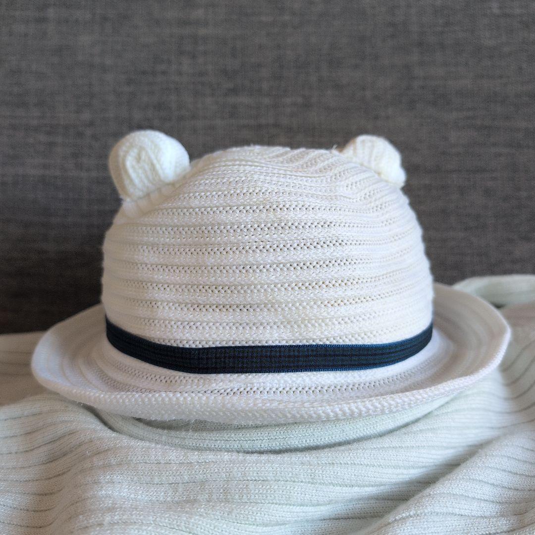 現行品 ファミリア familiar 青系チェック 麦わら帽子 くま耳付き