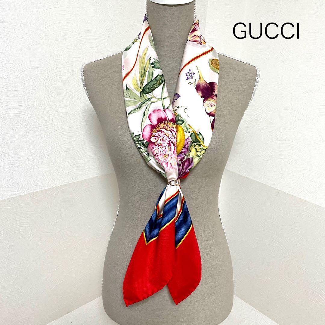 GUCCI大判シルクスカーフ フルーツと花 赤縁取り
