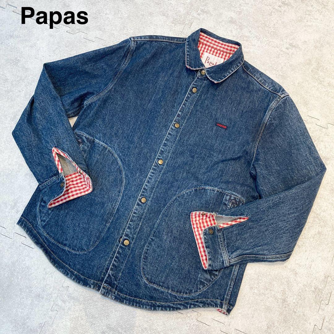 【美品】papas パパス　デニム　ジャケット　チェック パパスPapas 裏ギンガムチェックデニムジャケット インディゴL (K-106955)