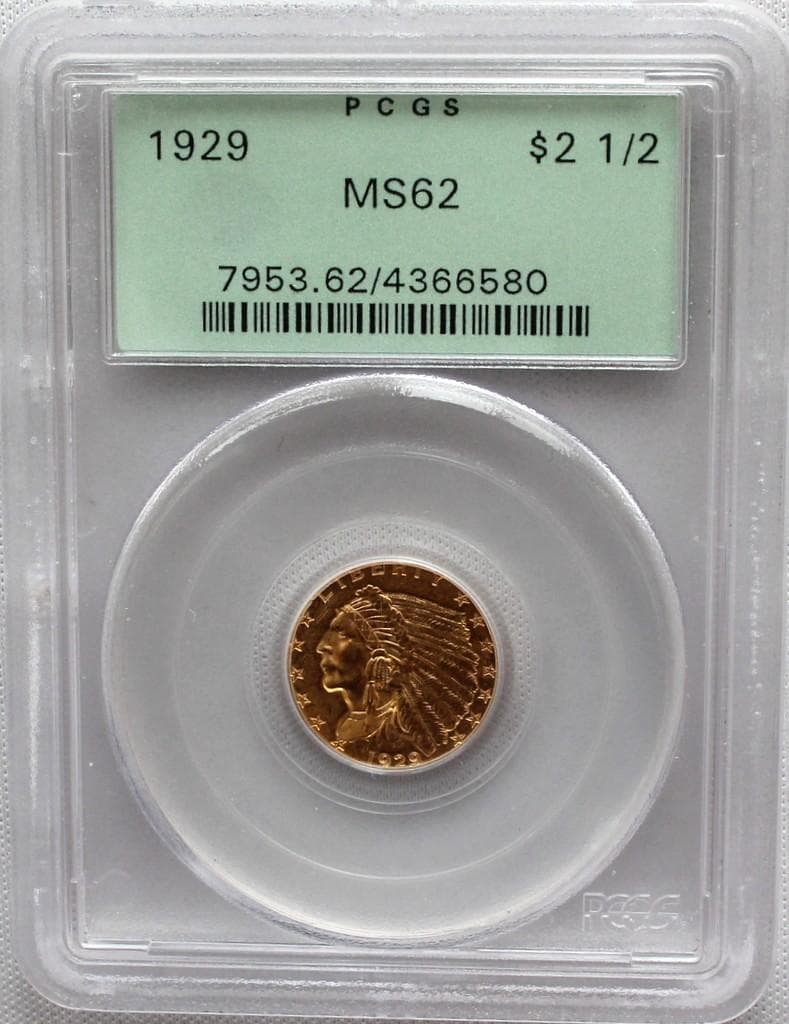 1929年 米国 インディアンヘッド ＄2.5クオーター金貨 PCGS MS62