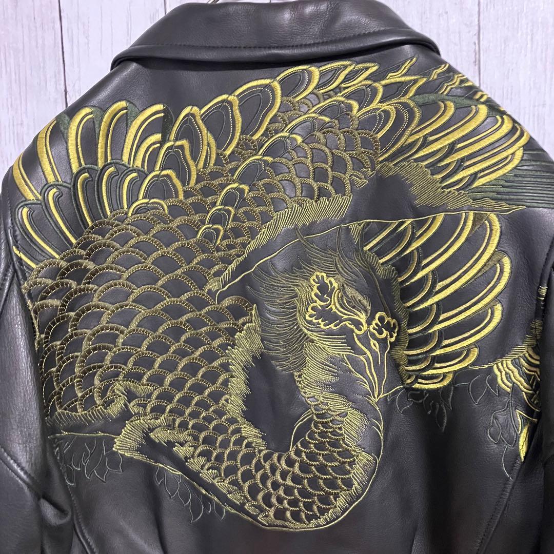 美品】花旅楽団 鳳凰刺繍レザーライダース ジャケット 和柄 バイカー L