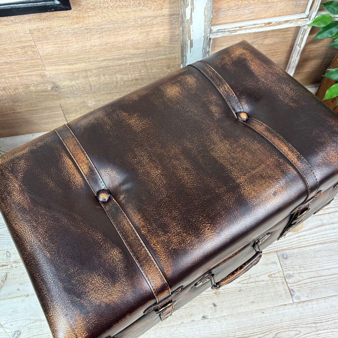 アンティーク調トランク型収納ケース付きレザーベンチスツール木製足