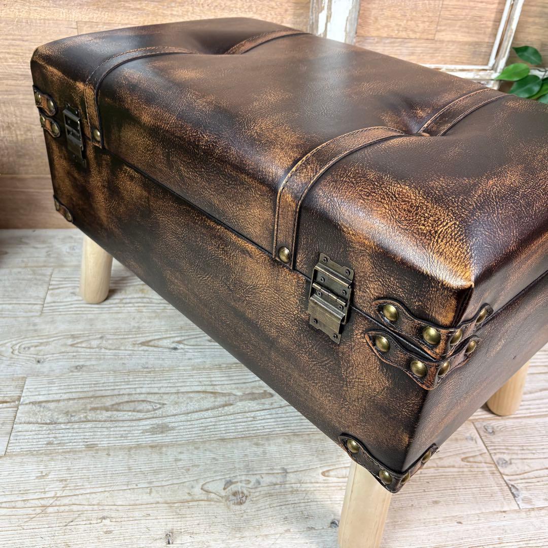 アンティーク調トランク型収納ケース付きレザーベンチスツール木製足