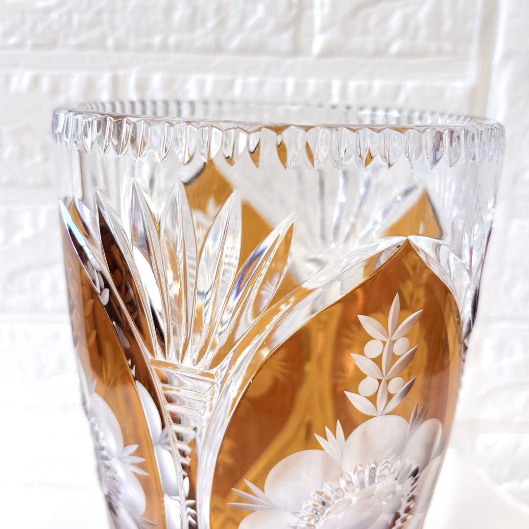 新品未使用】PORONIA 高級カットガラス花瓶 琥珀色 エレガントな逸品