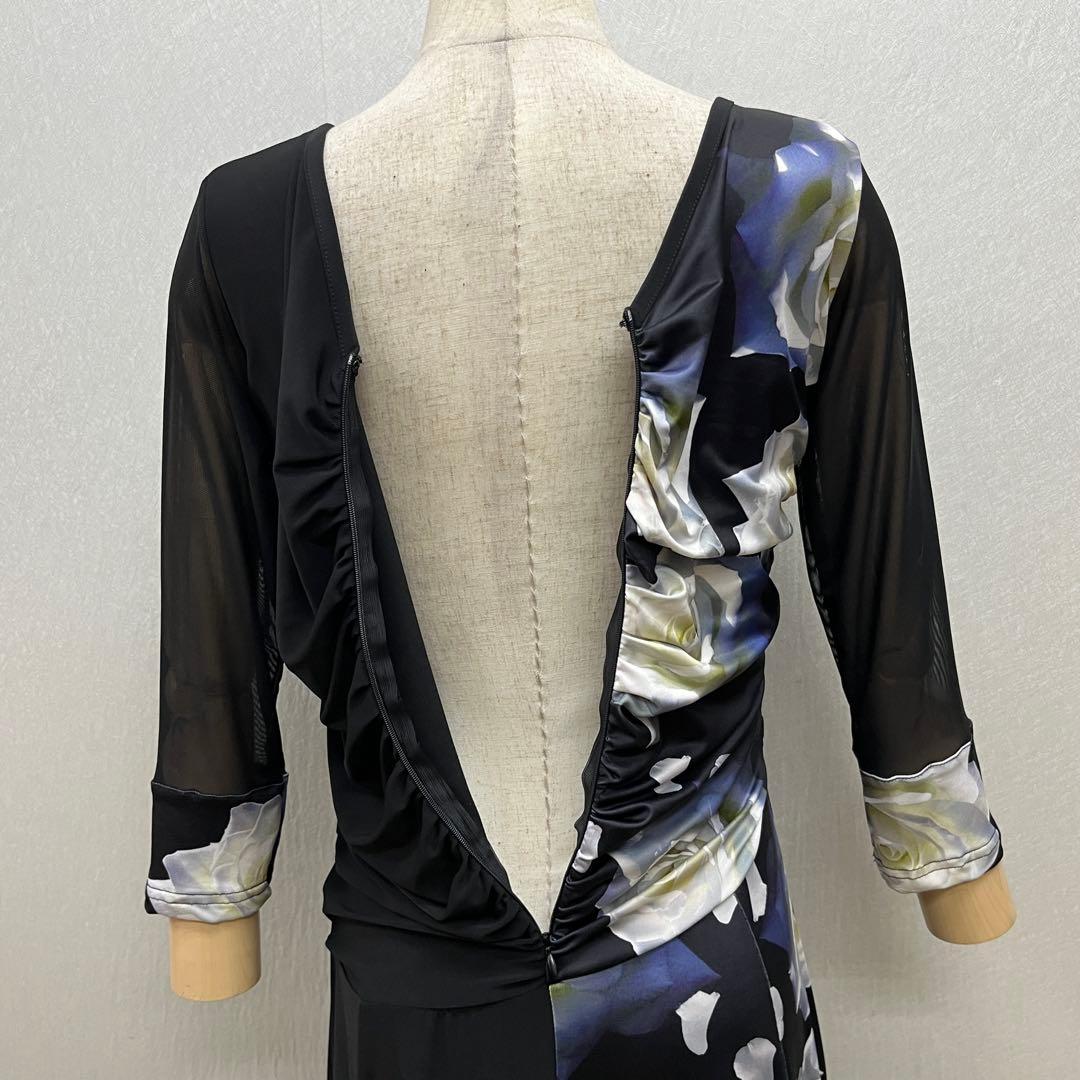 新品 社交ダンス ワンピース ブラック バラ柄 プリント サイズML