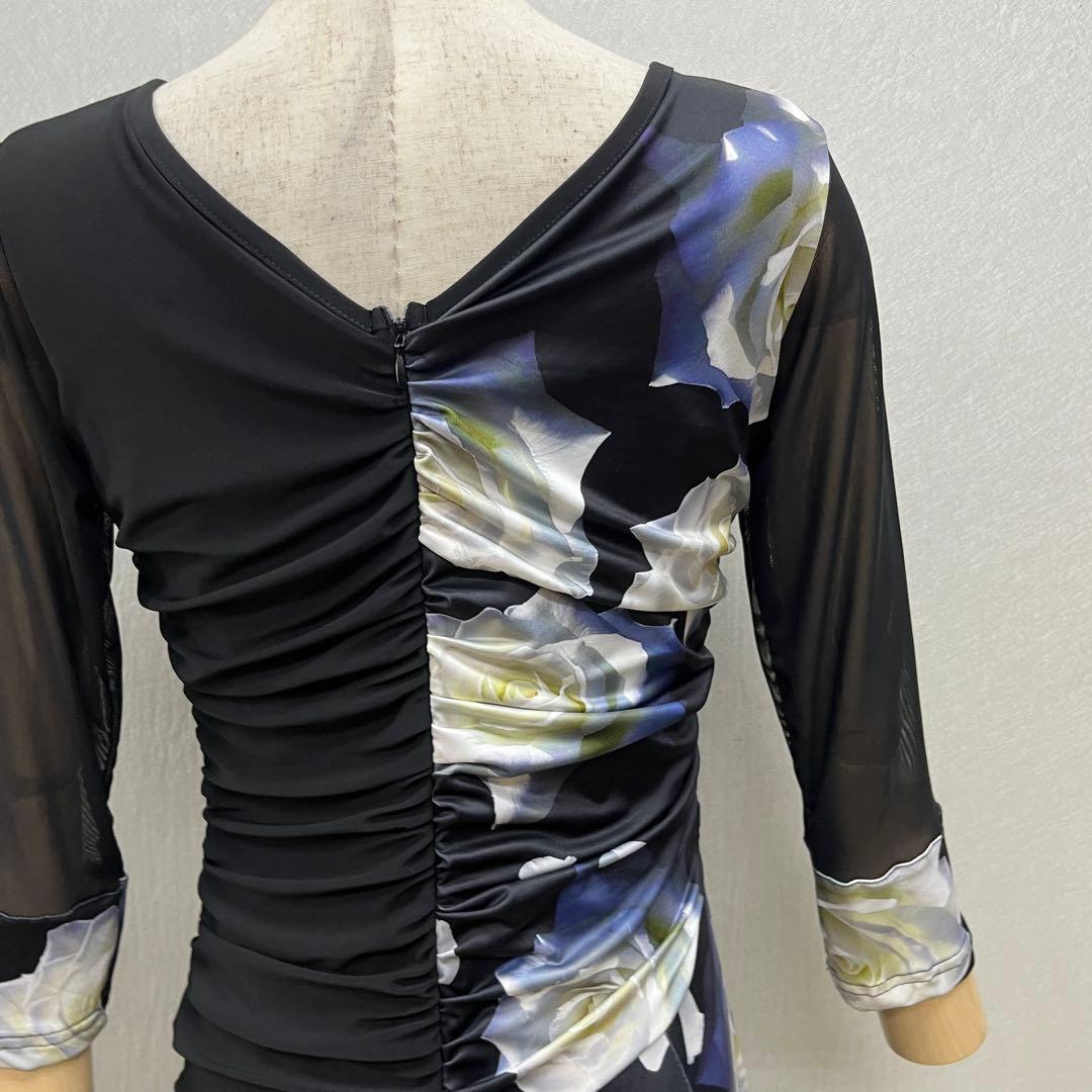 新品 社交ダンス ワンピース ブラック バラ柄 プリント サイズML