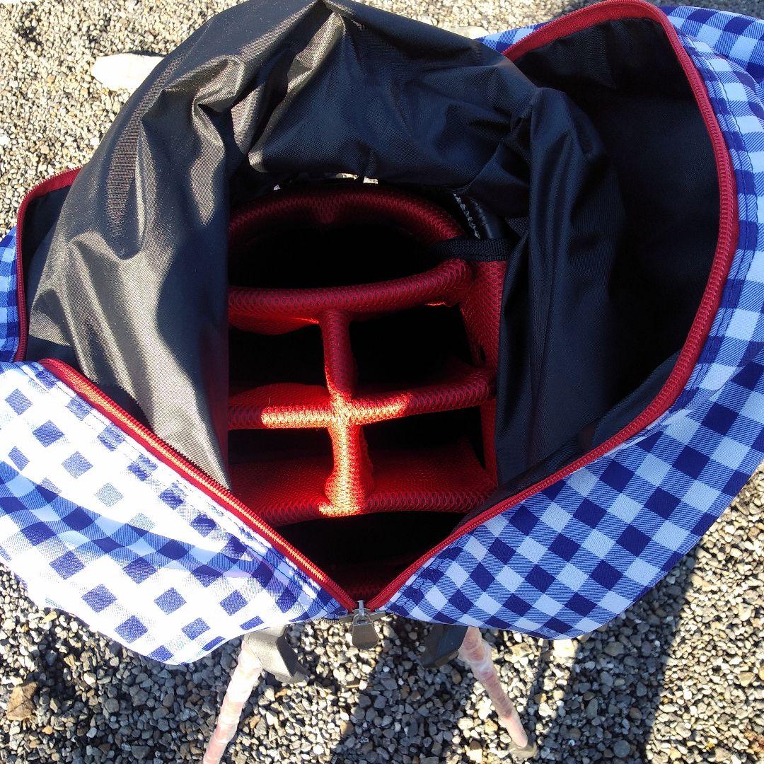 トランスコンチネンツキャディバッグスタンド式チェック青✕赤中古