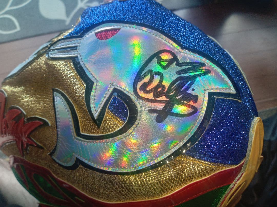 スペルデルフィン大阪プロレスロゴサイン入り試合用マスク 金ラメ×青ラメ