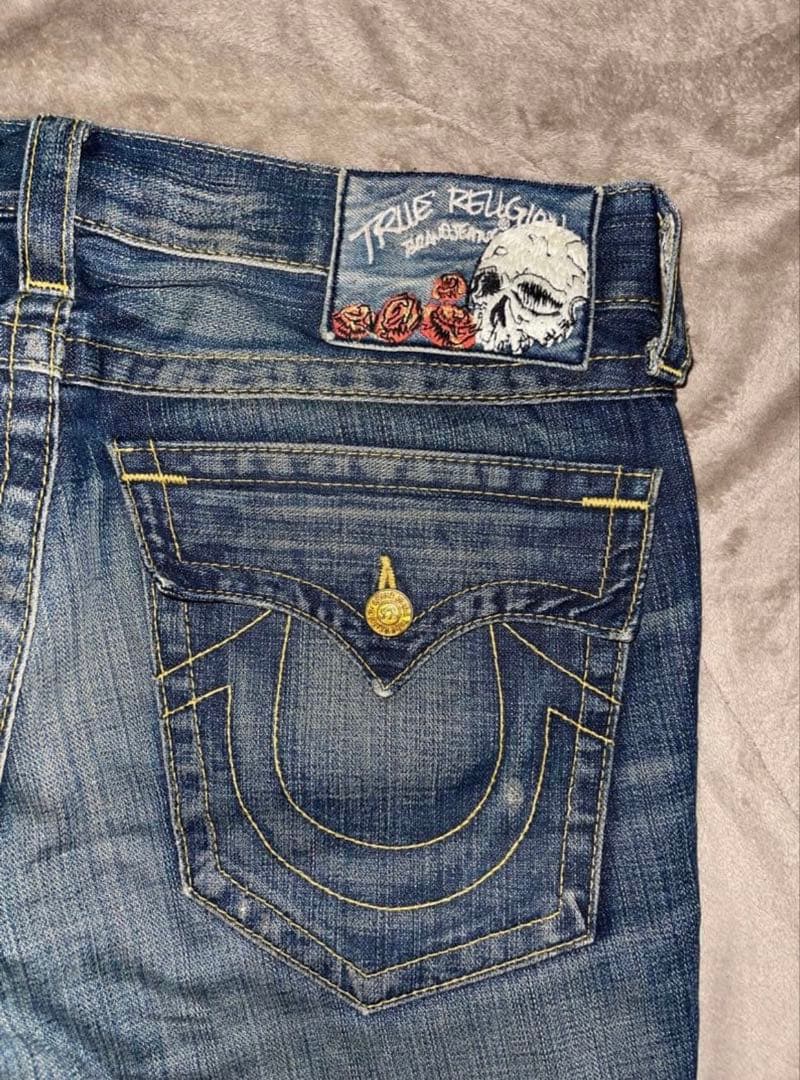 TRUE RELIGION スカルパッチ ブーツカットデニム ダメージ加工 34