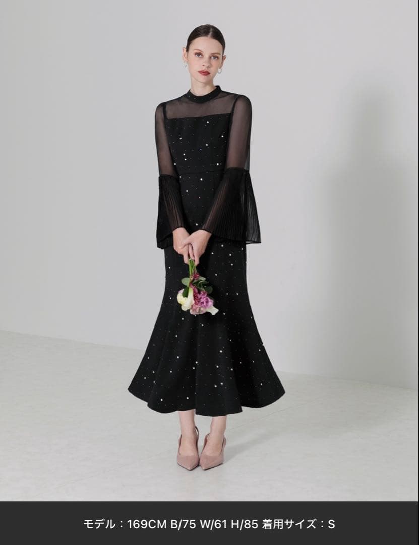 【LEJA】パールビジュー付き透け感プリーツフレアスリーブビーズマーメイド セール】【LEJA】パールビジュー付き透け感プリーツフレアスリーブ