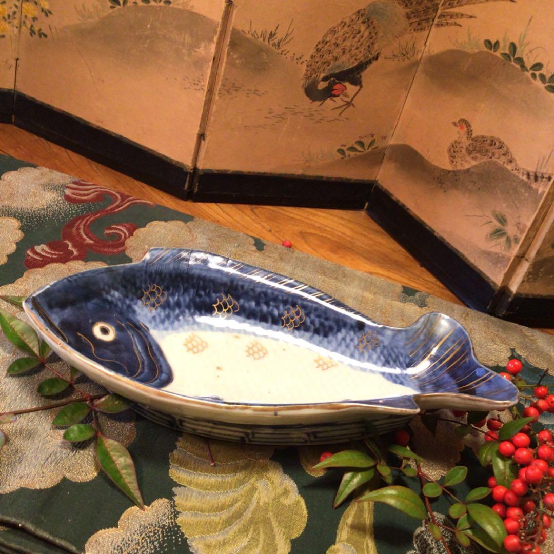 A 378 古伊万里 元禄 染付 金彩 鯛皿 変形魚型皿 1客 - メルカリ