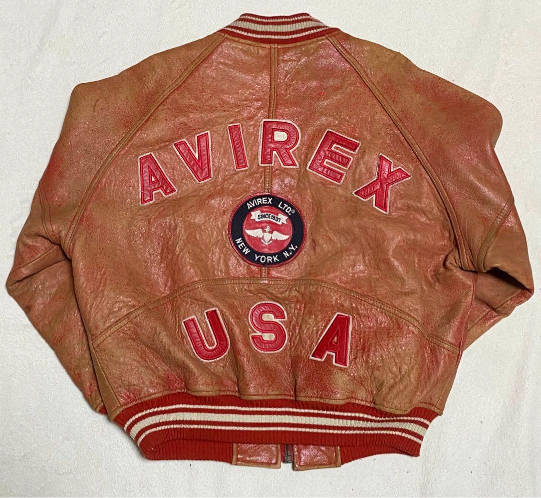 AVIREX アヴィレックス　スタジャン　レザージャケット　ビンテージ加工品 90s AVIREXアヴィレックス パッチ付き オールレザー スタジャン L