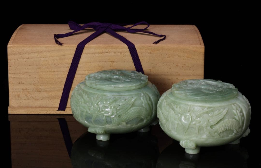 超希少・最高級】 龍彫刻碧玉翡翠 碁笥 碁石 セット 木箱付 翡翠 瑪瑙