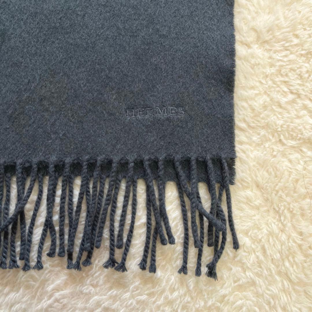 美品 HERMES エルメス グレージュ カシミヤ マフラー タグ 刺繍ロゴ
