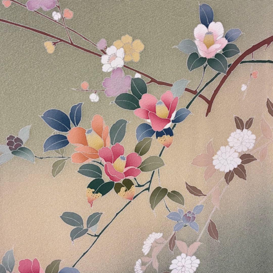 D311 訪問着 手描き友禅 花模様 正絹 着物 袷 しつけ糸付き未使用極美