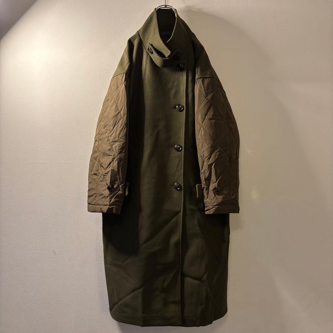腕 切り替え オーバーサイズ チェスターコート y2k 再構築 スタンドカラー UNISEX》Zigzag Different Material Docking Prime-Over Coat/ジグザグ