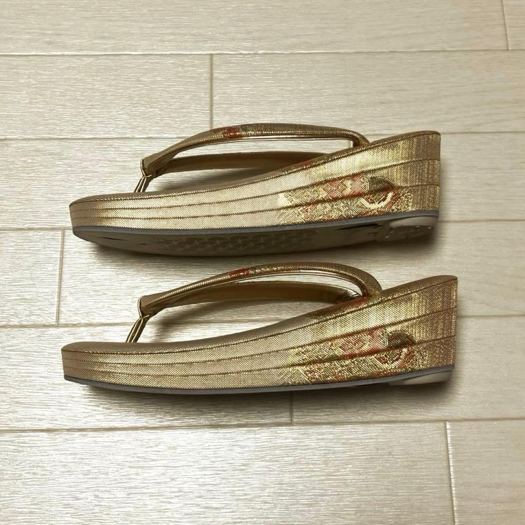 《美品・箱付き》佐賀錦　草履バッグセット　東京芝山　正絹　ゴールド　厚底
