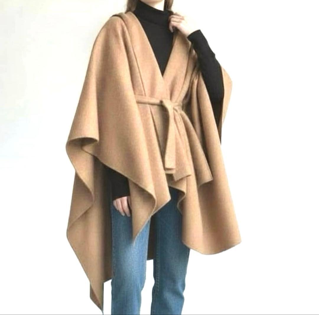 Theoryセオリー ポンチョケープ ベルト付き フード カシミア混キャメル