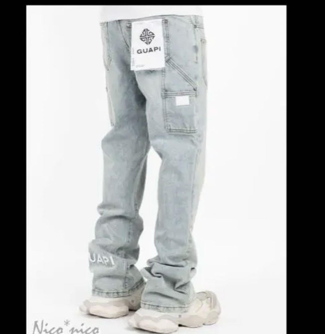 『panda』GUAPI ライトブルーフレアパンツ 36 グアピ GUAPI GUAPI ジーンズ Aqua Blue Rivets Stacked Denim フレア