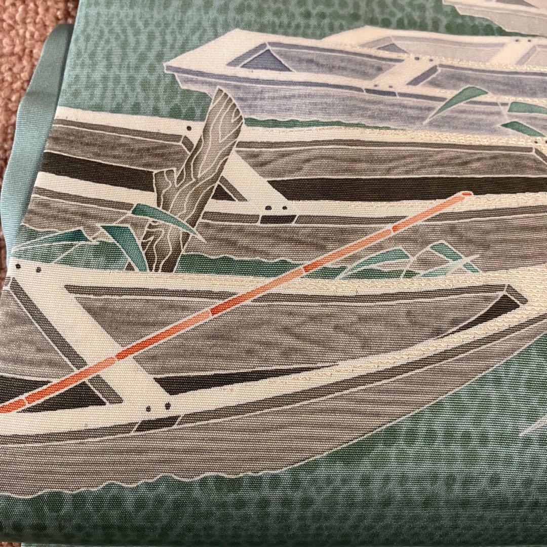 ①塩瀬 9寸名古屋帯 坂井教人 青磁色に舟