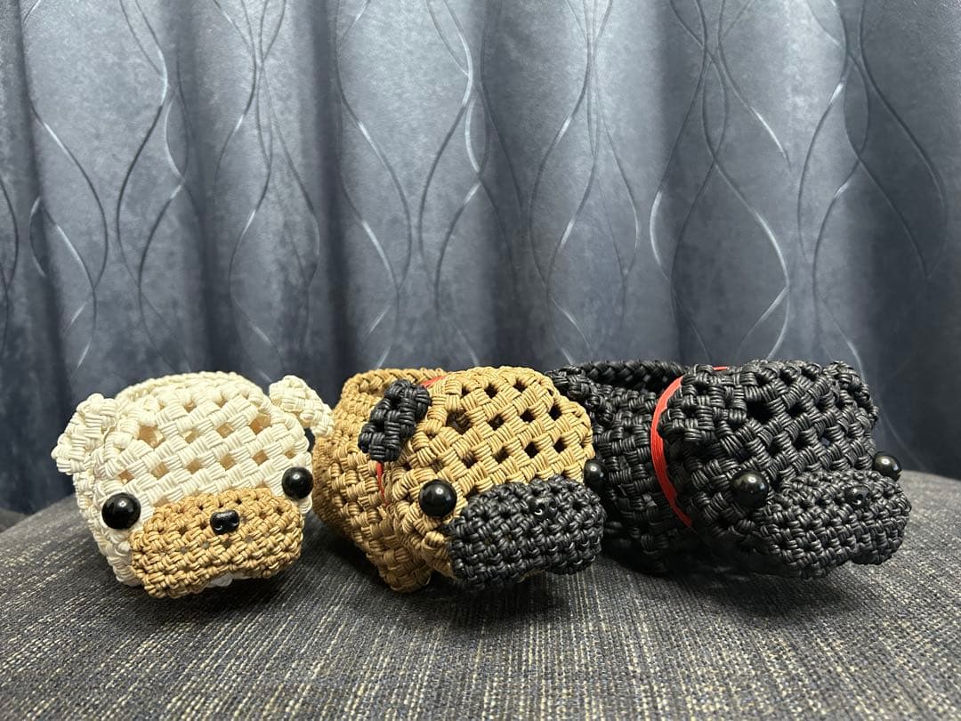 ダンプママです。パグ犬3兄弟　エコクラフト クラフトバンド　小物入れ Yuko Tanno 丹野安祐子 | 犬がいっぱい🐶 #結び編み大集合かごバッグと