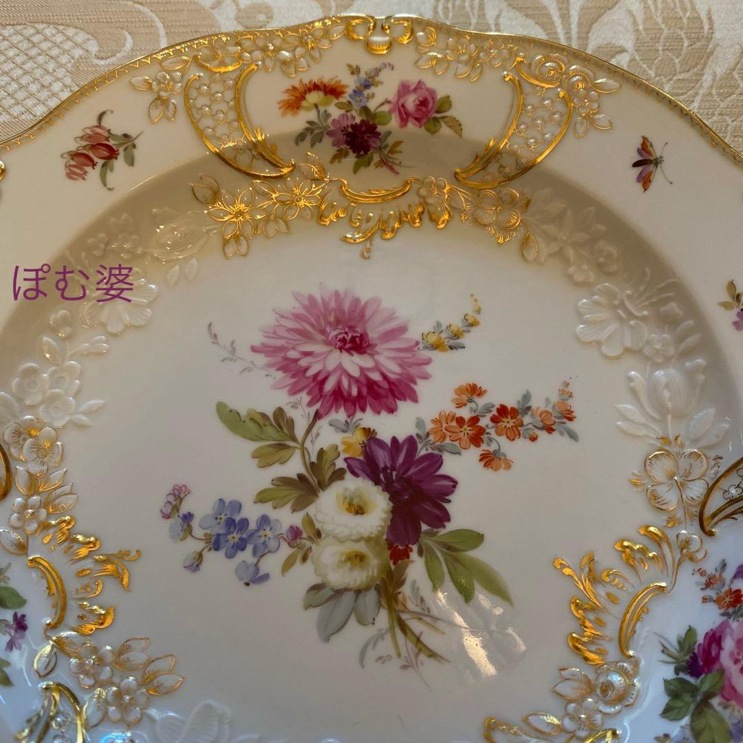 古マイセン】金彩 花絵皿「ノイマルセイユ／フラワーブーケと昆虫」2枚