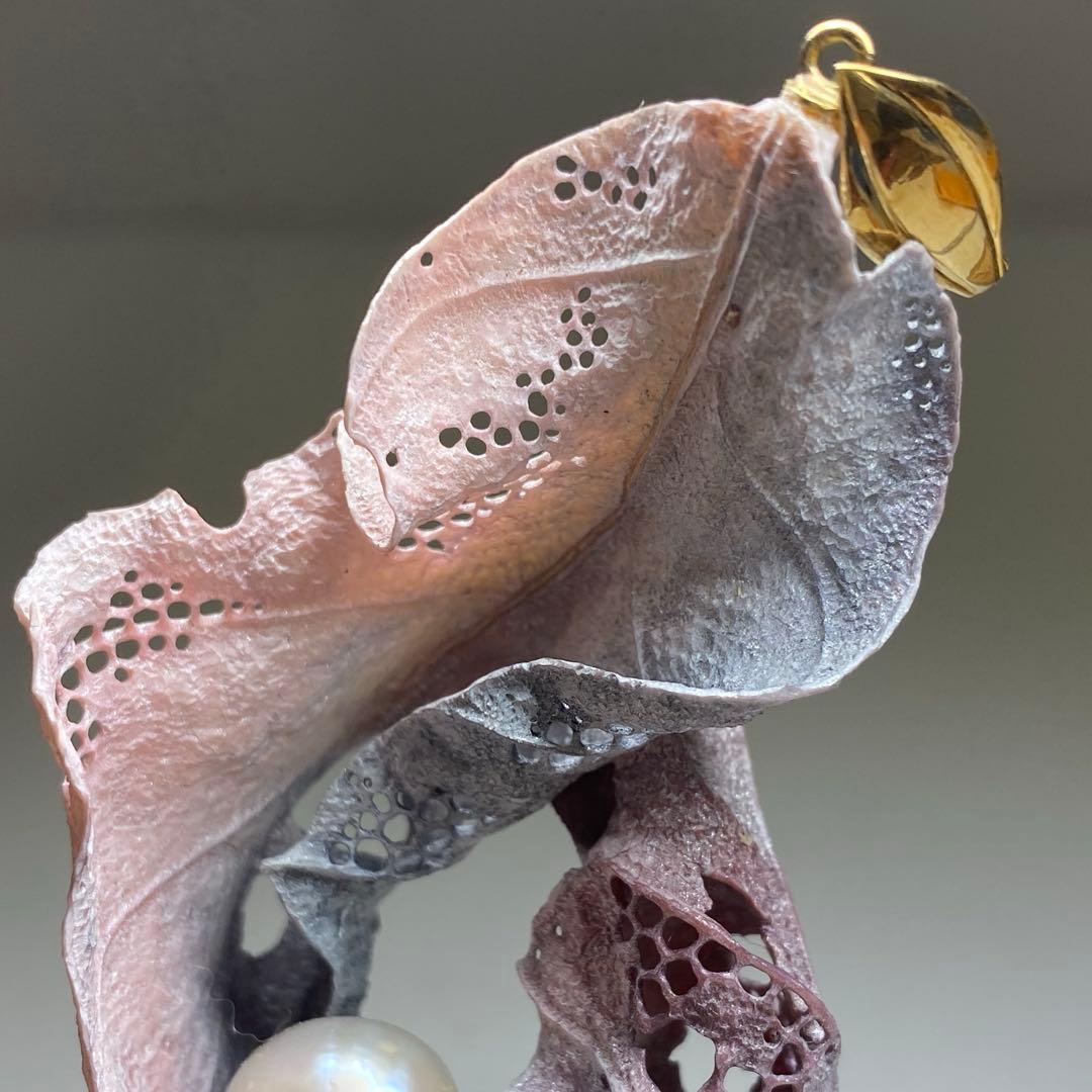 専用　耕堂作　K18刻印大金具　本真珠大玉枯葉ネックレストップ　共箱　13.5g