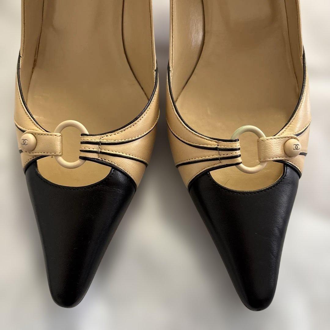 CHANEL ベージュ ブラック バイカラー ポインテッドトゥ パンプス37.5