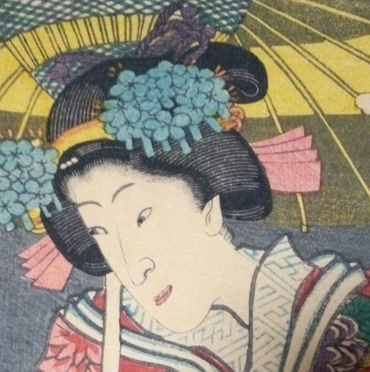 浮世絵版画、役者絵（浮世柄比翼稲津)三枚綴リの内の二