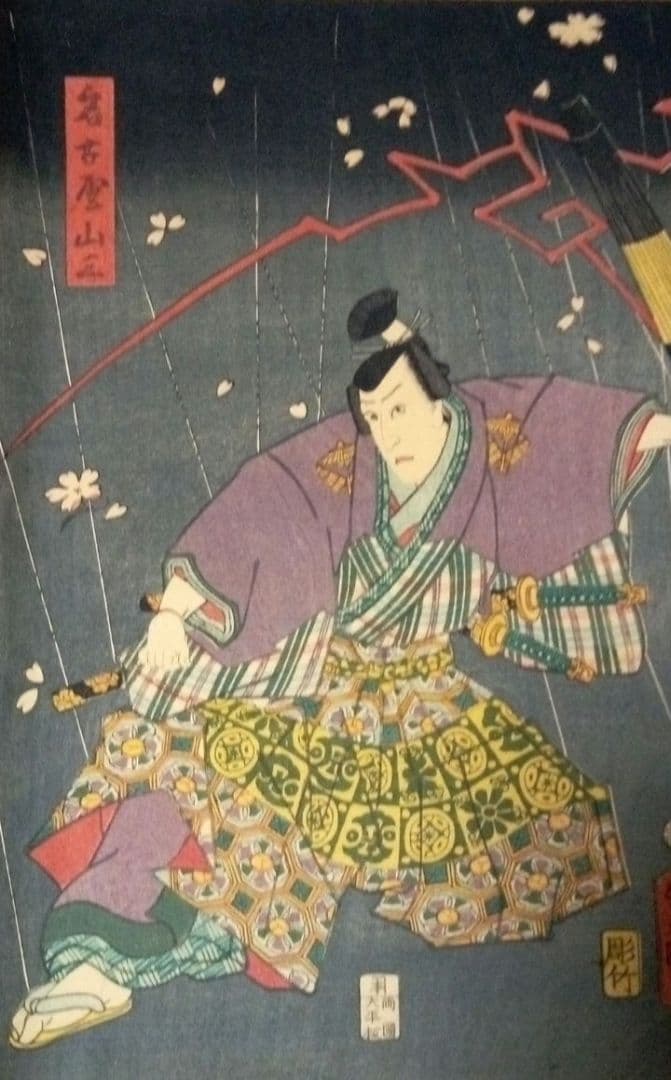 浮世絵版画、役者絵（浮世柄比翼稲津)三枚綴リの内の二